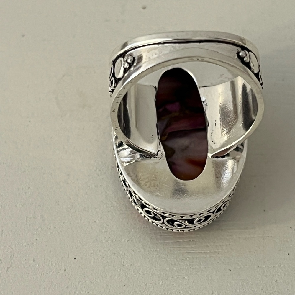 New 925 Stamped Silver Overlay Pink Dahlia Turquoise Gemstone Ring Size 9 - Picture 4 of 10